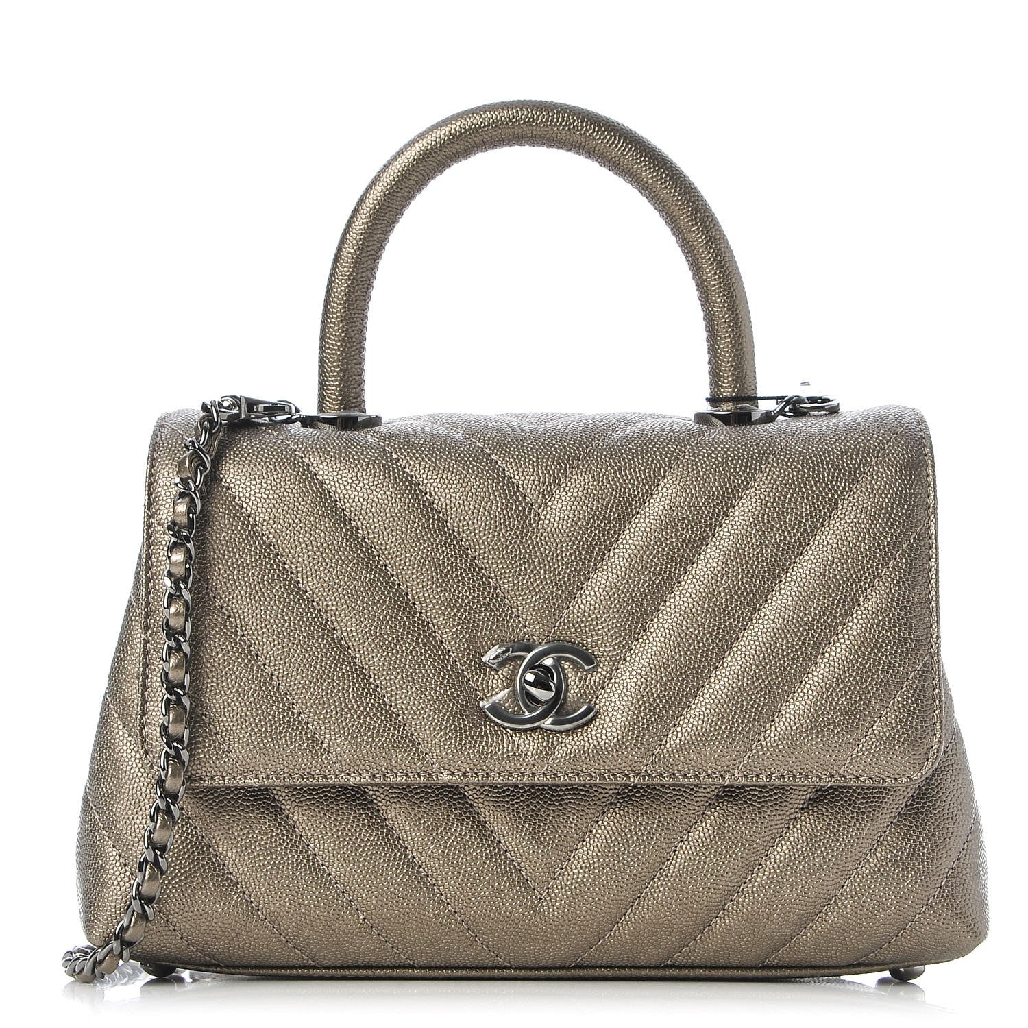 Chanel Metallic Caviar Chevron Quilted Mini Coco Handle Flap Light Gold 1 of 7