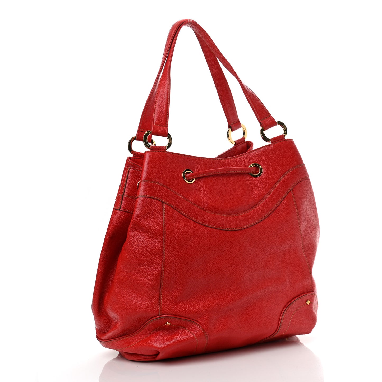 Grained Calfskin Studded Drawstring Bucket Bag Red