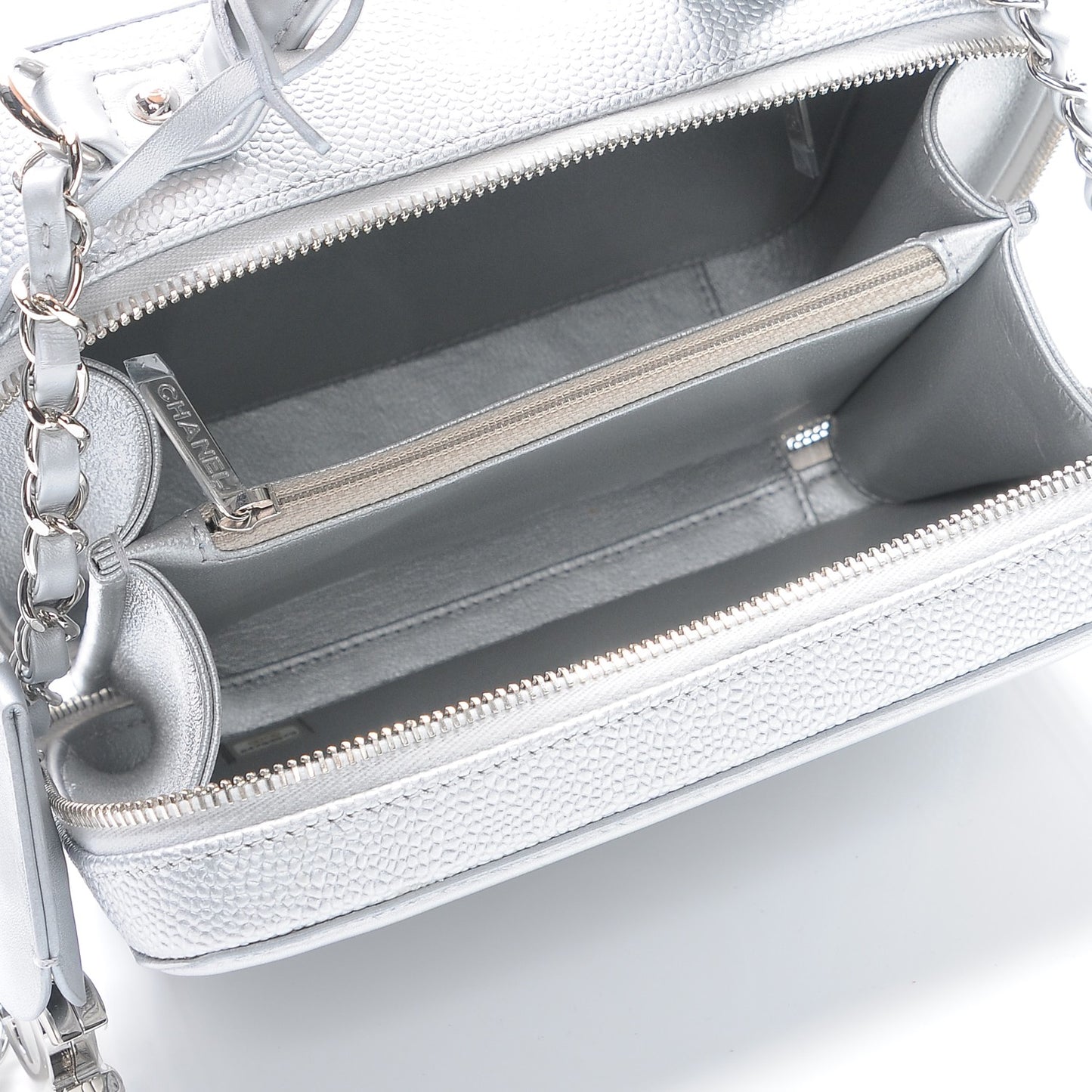 Metallic Caviar Quilted Medium CC Filigree Vanity Case Silver