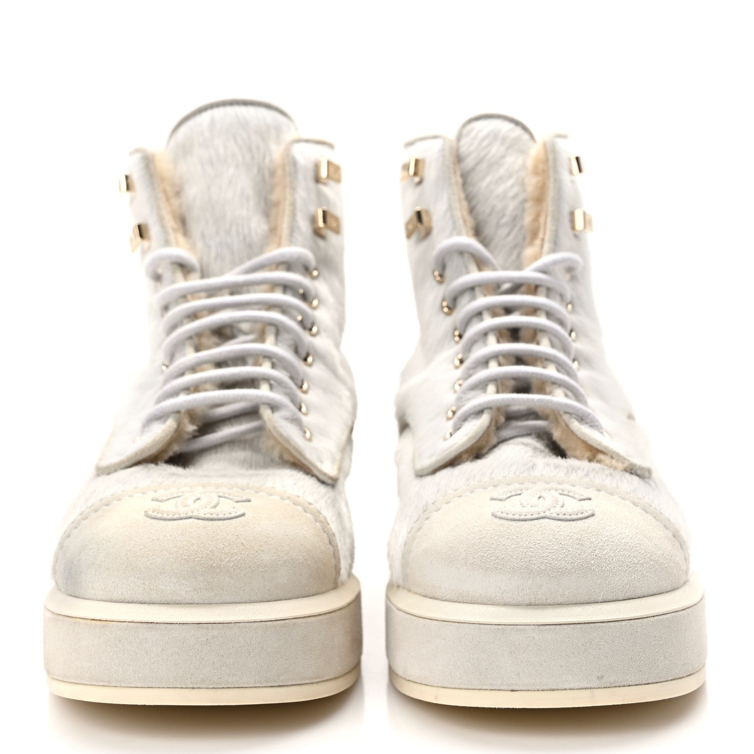 Chanel Suede Pony Hair Shearling Lace Up Combat Boots 38.5 White Black 2 of 10