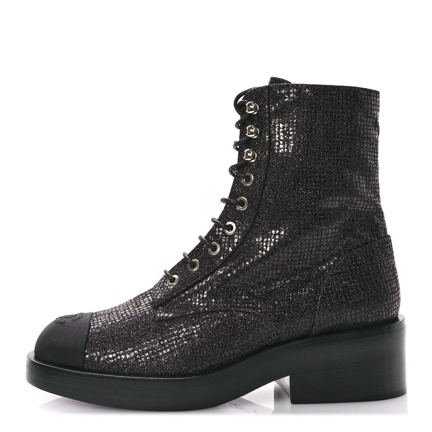 Chanel Fabric Crossgrain Cap Toe Combat Boots 38.5 Black 1 of 9