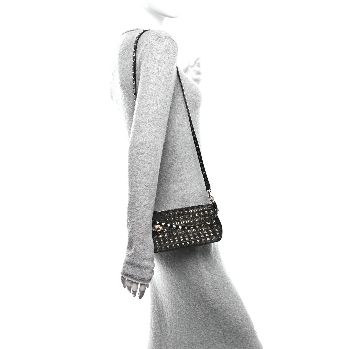 Grained Calfskin Small Rockstud All Over Crossbody Bag Black