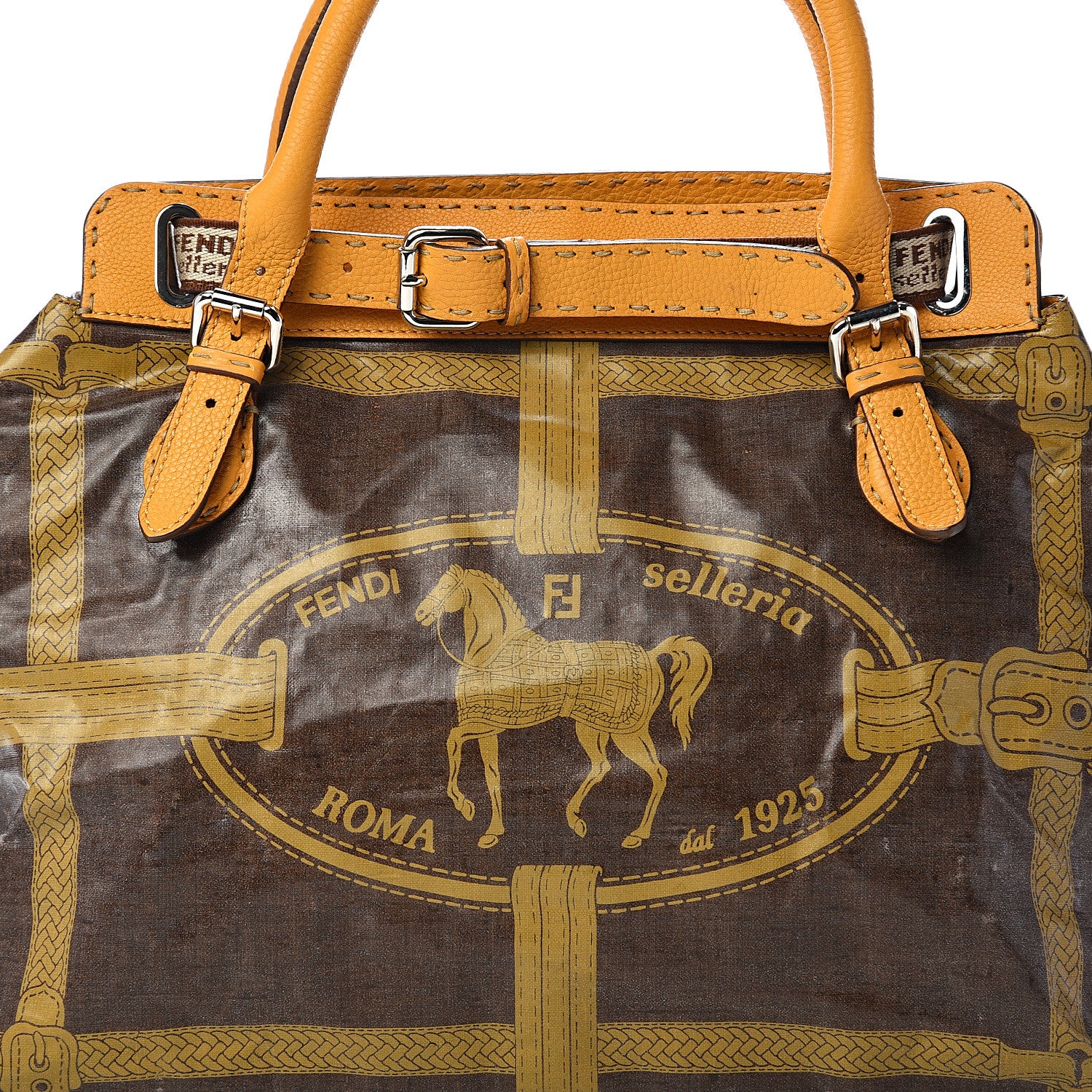 Fendi Coated Linen Calfskin Romano Selleria Villa Borghese Equestrian Satchel Ocra 12 of 12