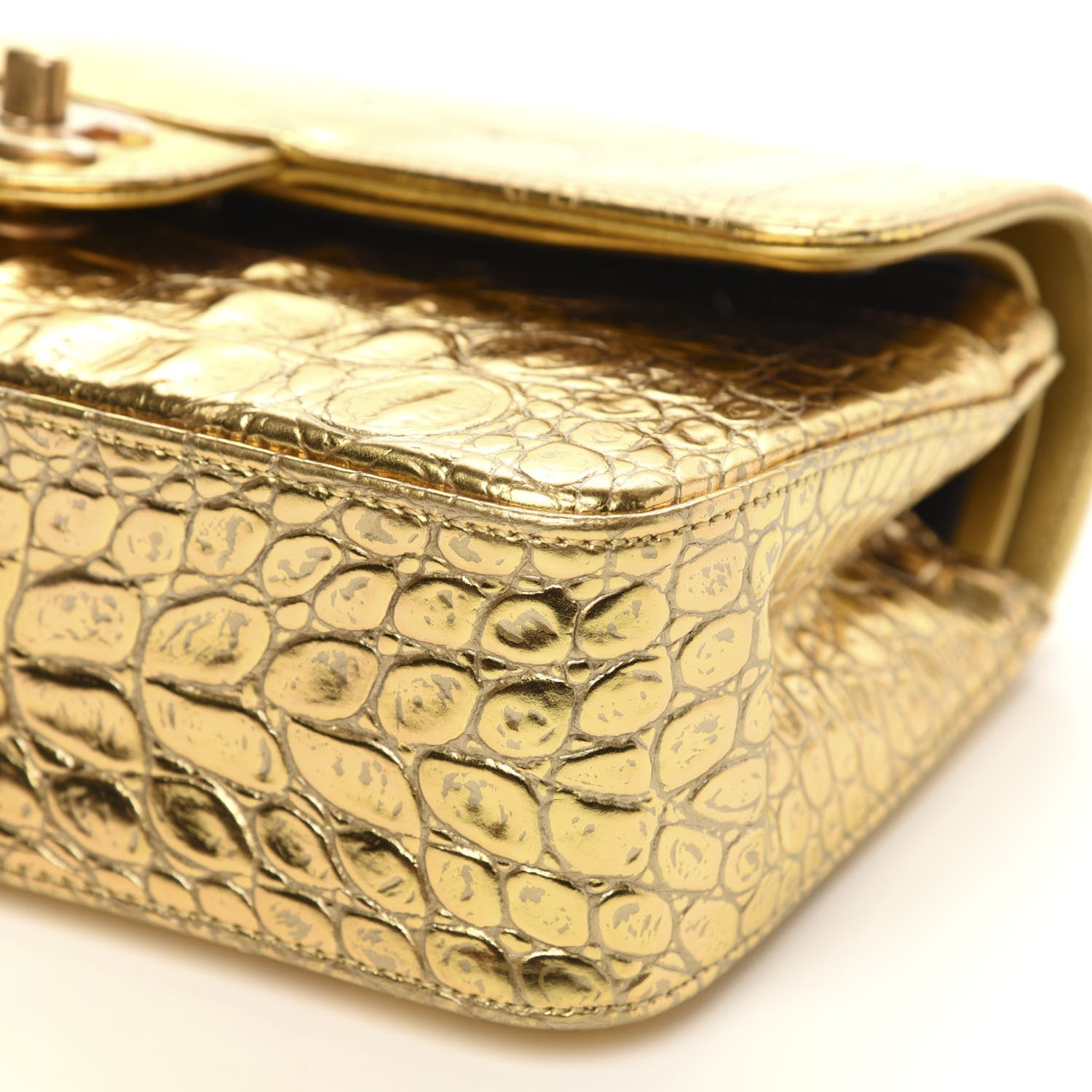Chanel Metallic Calfskin Crocodile Embossed Cocodile Small Double Flap Gold 10 of 11