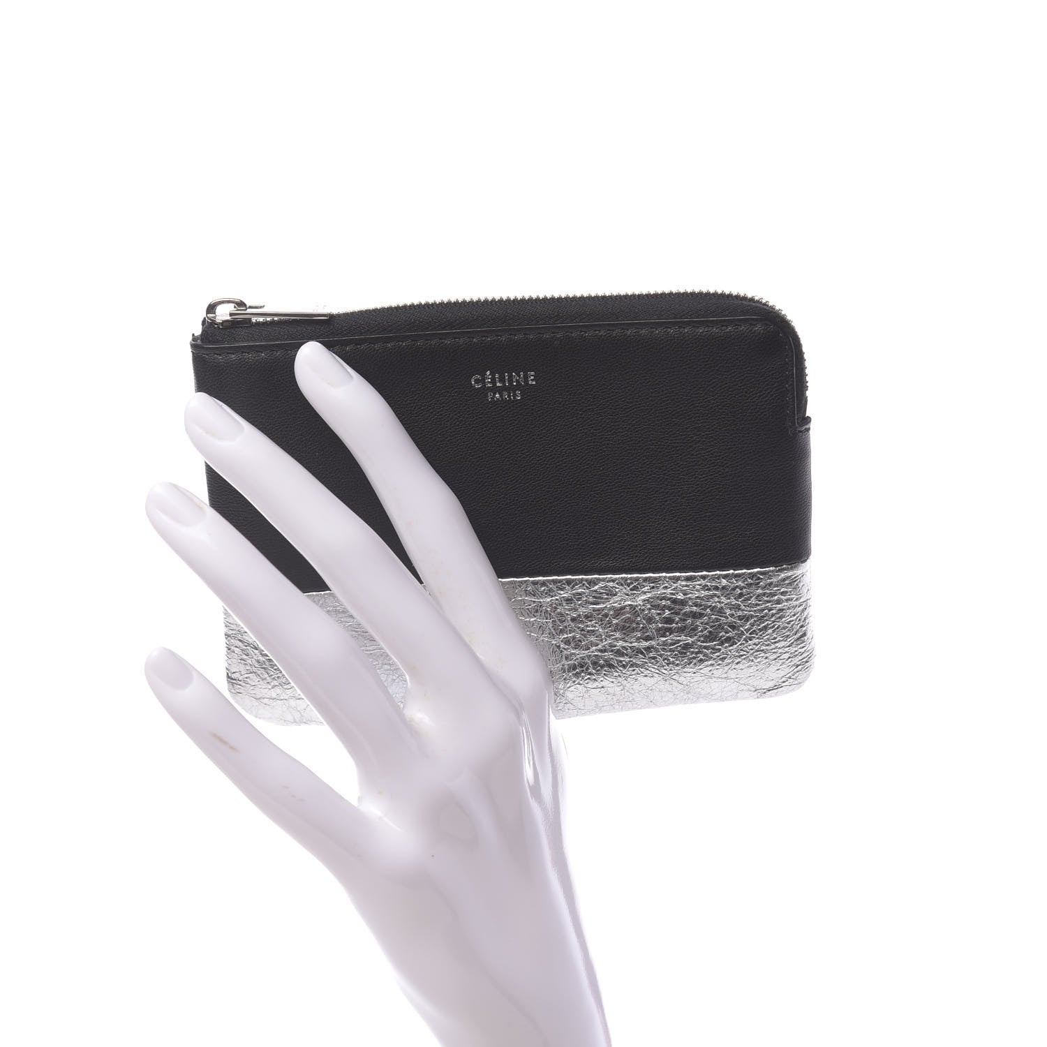 Celine Laminated Lambskin Bi-Color Solo Coin Card Case Black Silver 2 of 7