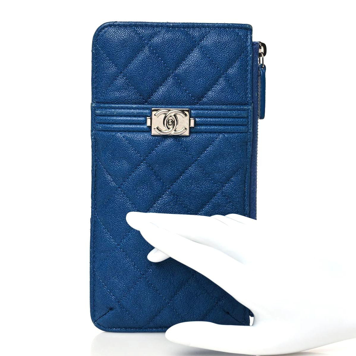 Caviar Quilted Boy Flat Wallet Pouch Blue
