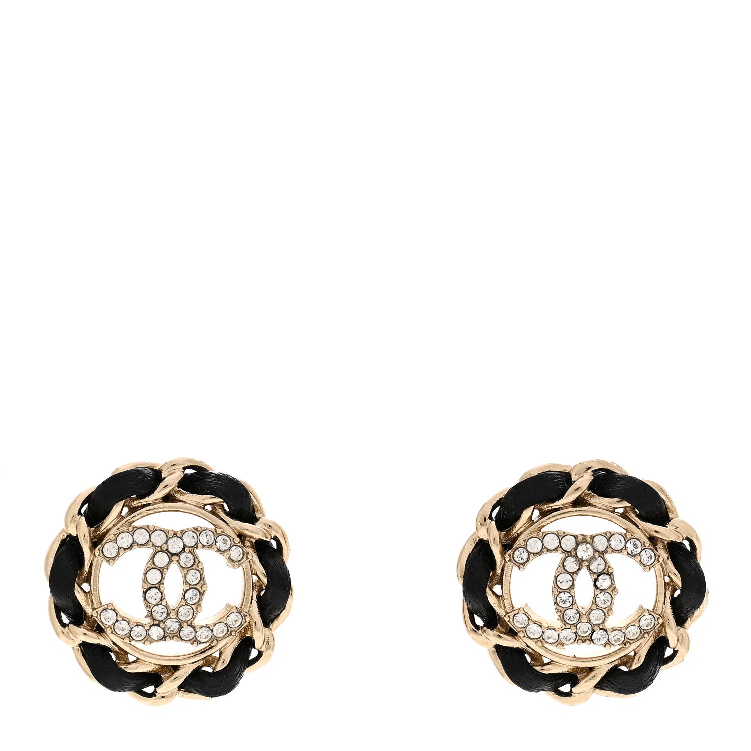 Chanel Crystal Lambskin Chain CC Stud Earrings Black Gold 1 of 5