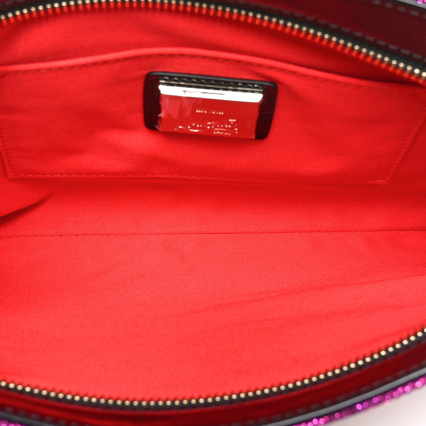 Metallic Raffia Studded Loubiposh Chain Clutch Magenta