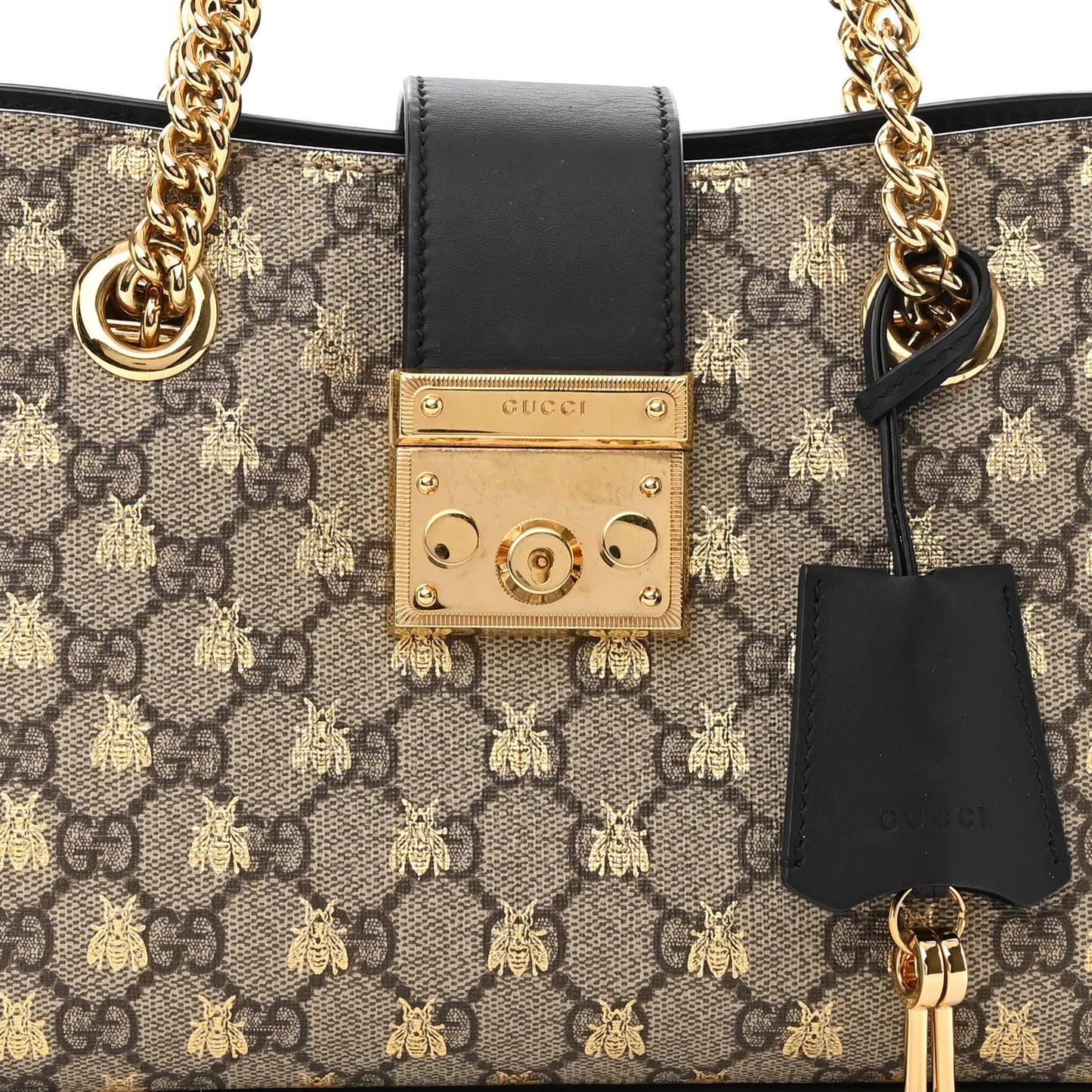 GG Supreme Monogram Bees Small Padlock Tote Beige Oro Black