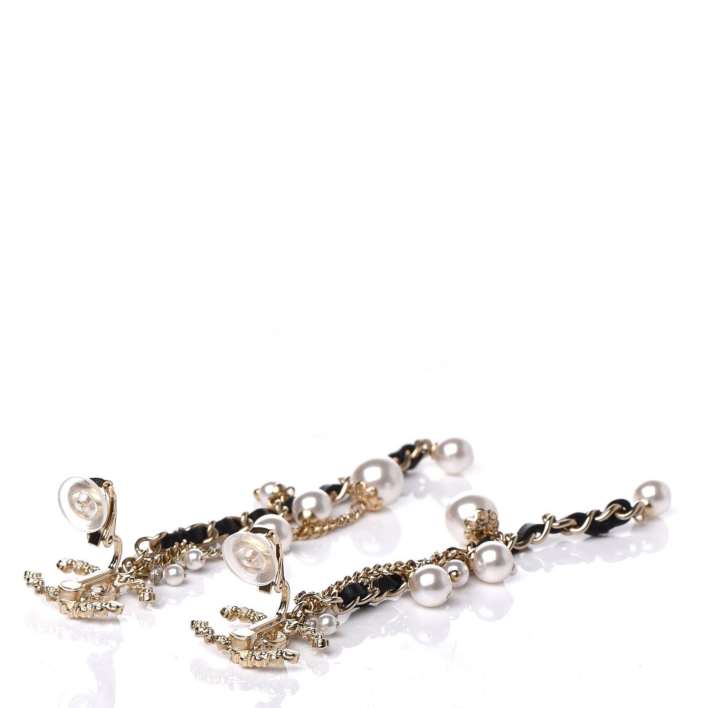 Pearl Crystal Lambskin Chain CC Dangle Clip On Earrings Gold