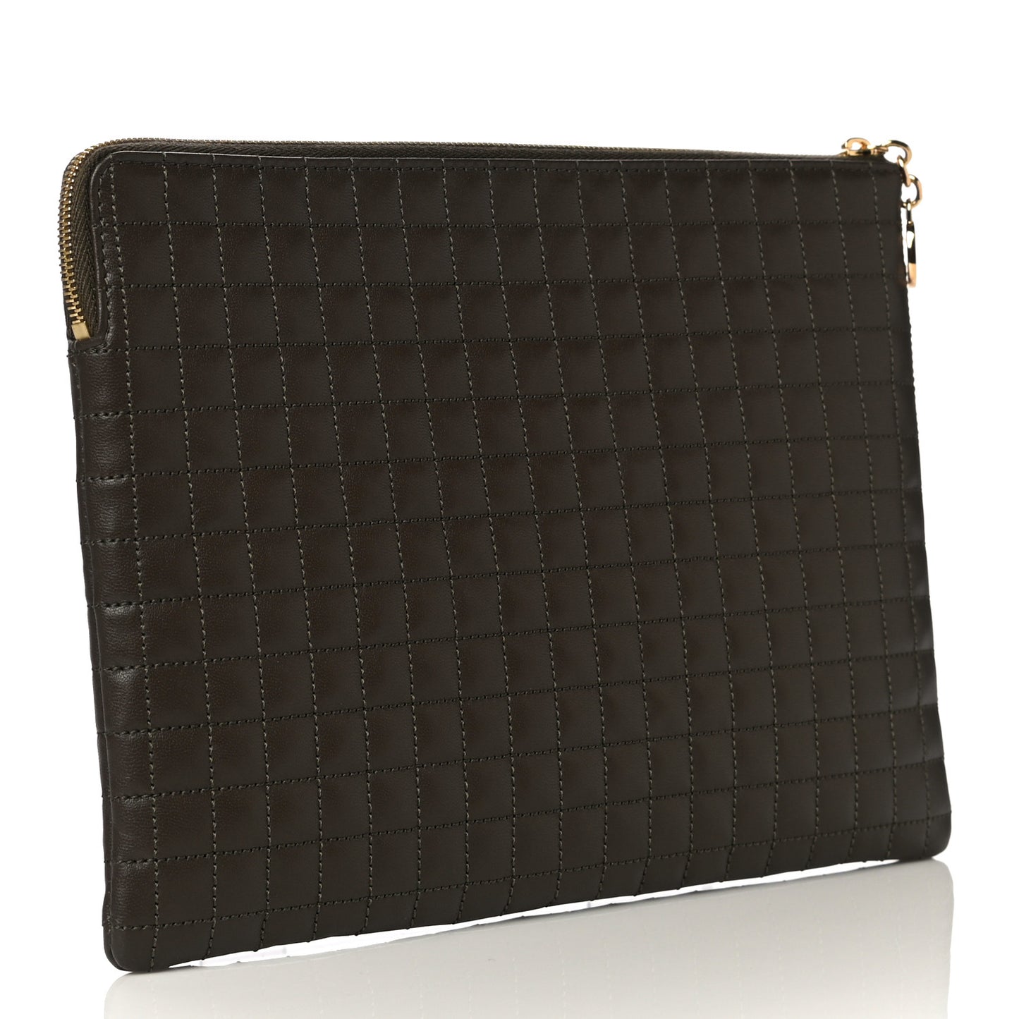 Calfskin Quilted C Charm Pouch Khaki