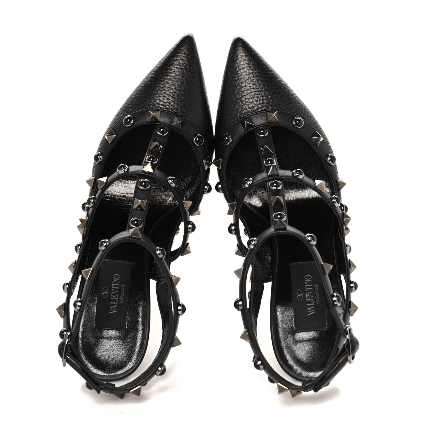 Pebbled Calfskin Onyx Rockstud Rolling Ankle Strap 100mm Pumps 37 Black
