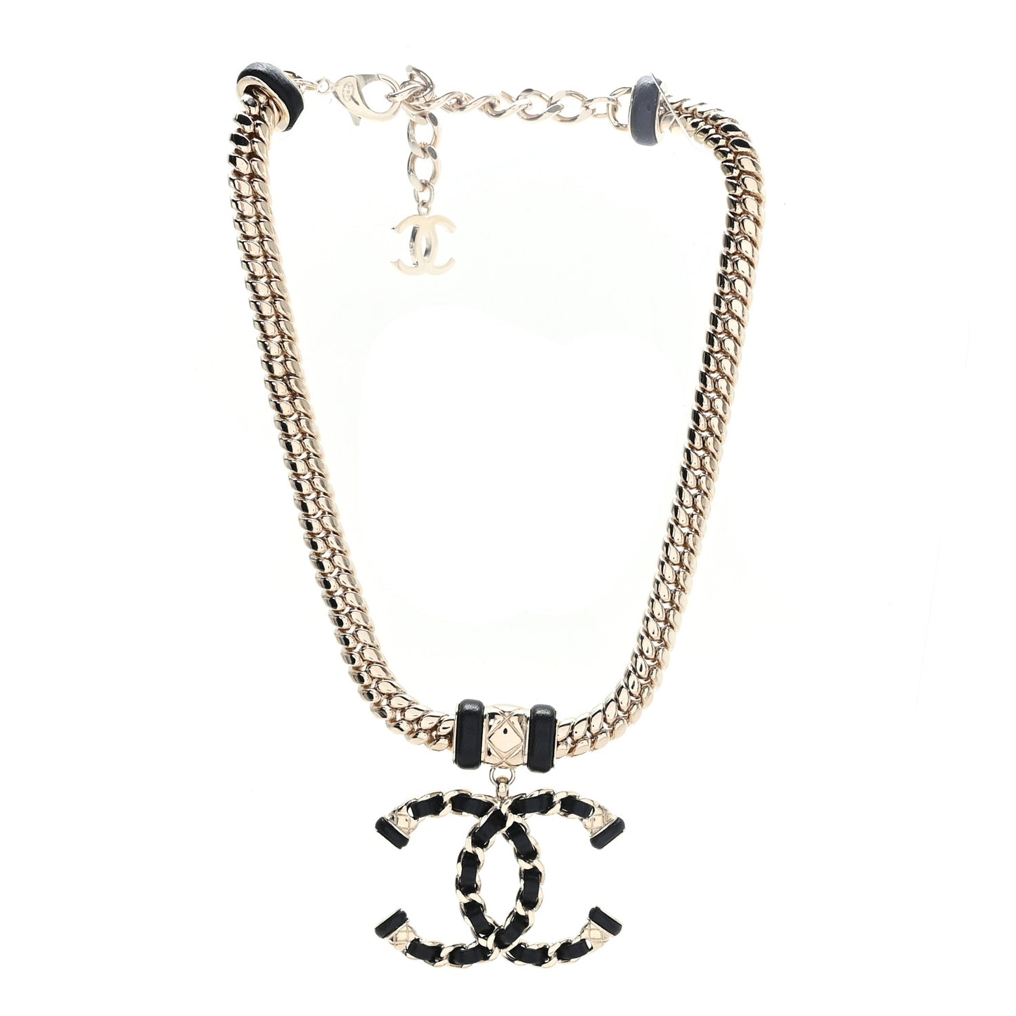 Metal Lambskin CC Chain Necklace Black Gold