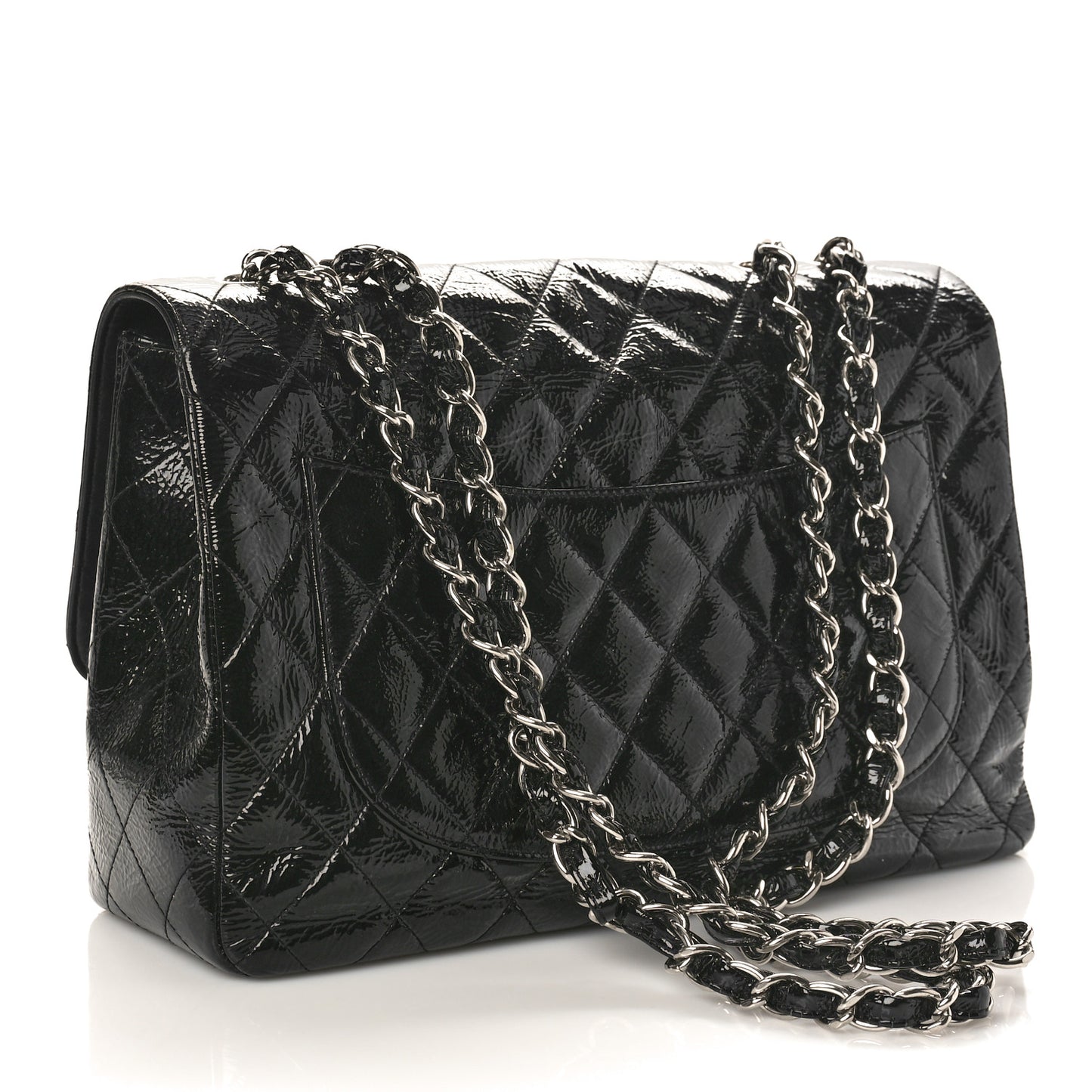 Distressed Patent Quilted Jumbo Single Flap Black