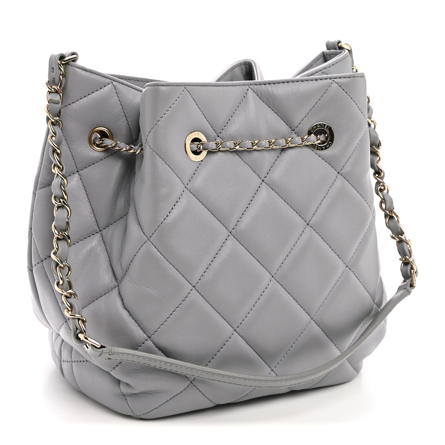 Lambskin Quilted CC Dweller Drawstring Bucket Bag Light Grey