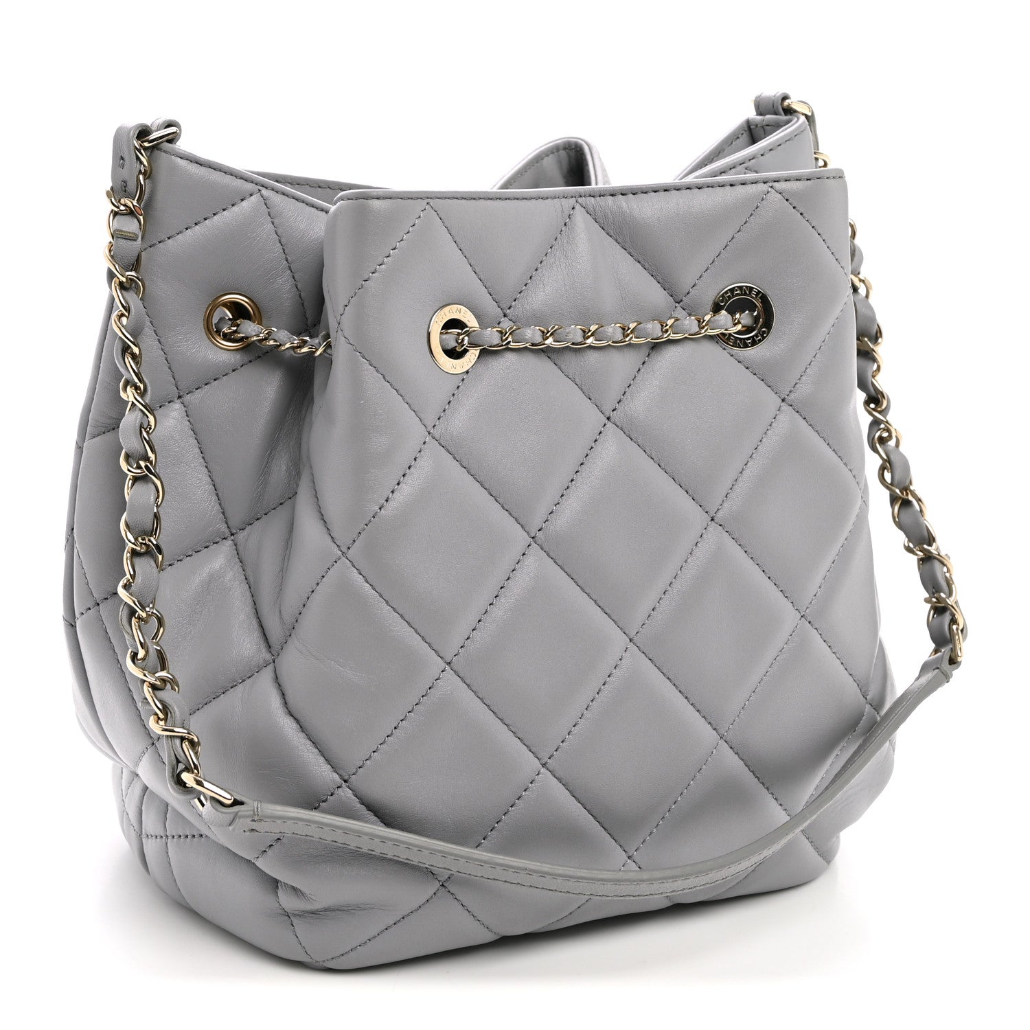 Chanel Lambskin Quilted CC Dweller Drawstring Bucket Bag Light Grey 3 of 10