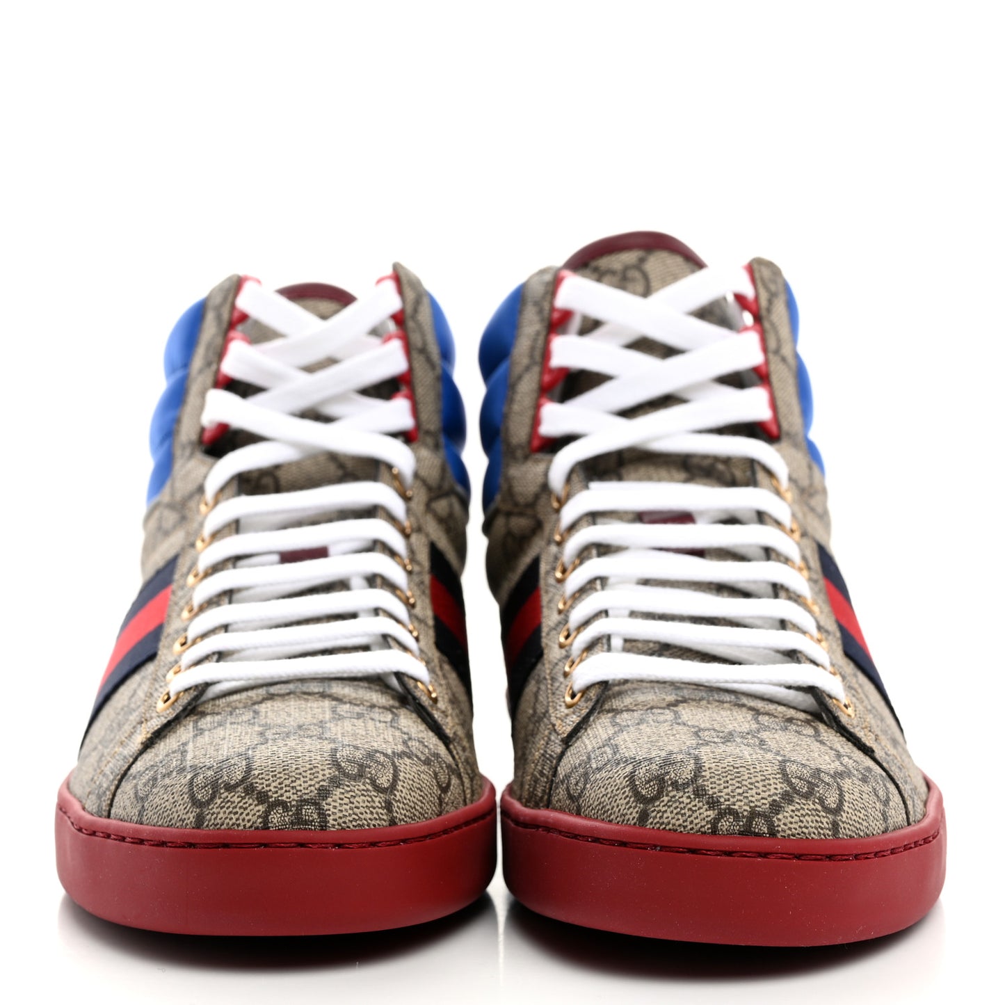 GG Supreme Monogram Nylon Mens Ace High Top Sneakers 8 Beige Red Blue