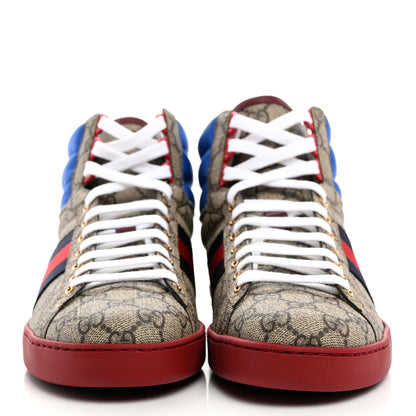 Gucci GG Supreme Monogram Nylon Mens Ace High Top Sneakers 8 Beige Red Blue 2 of 9