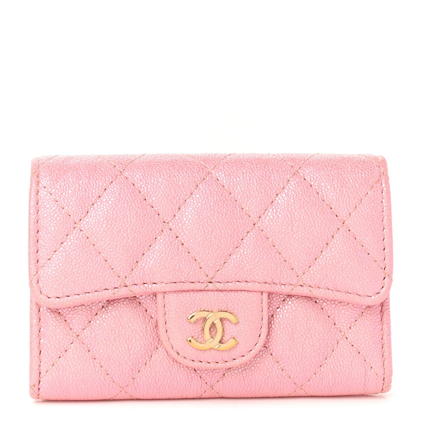 Iridescent Caviar Quilted Flap Card Holder Rose Pink