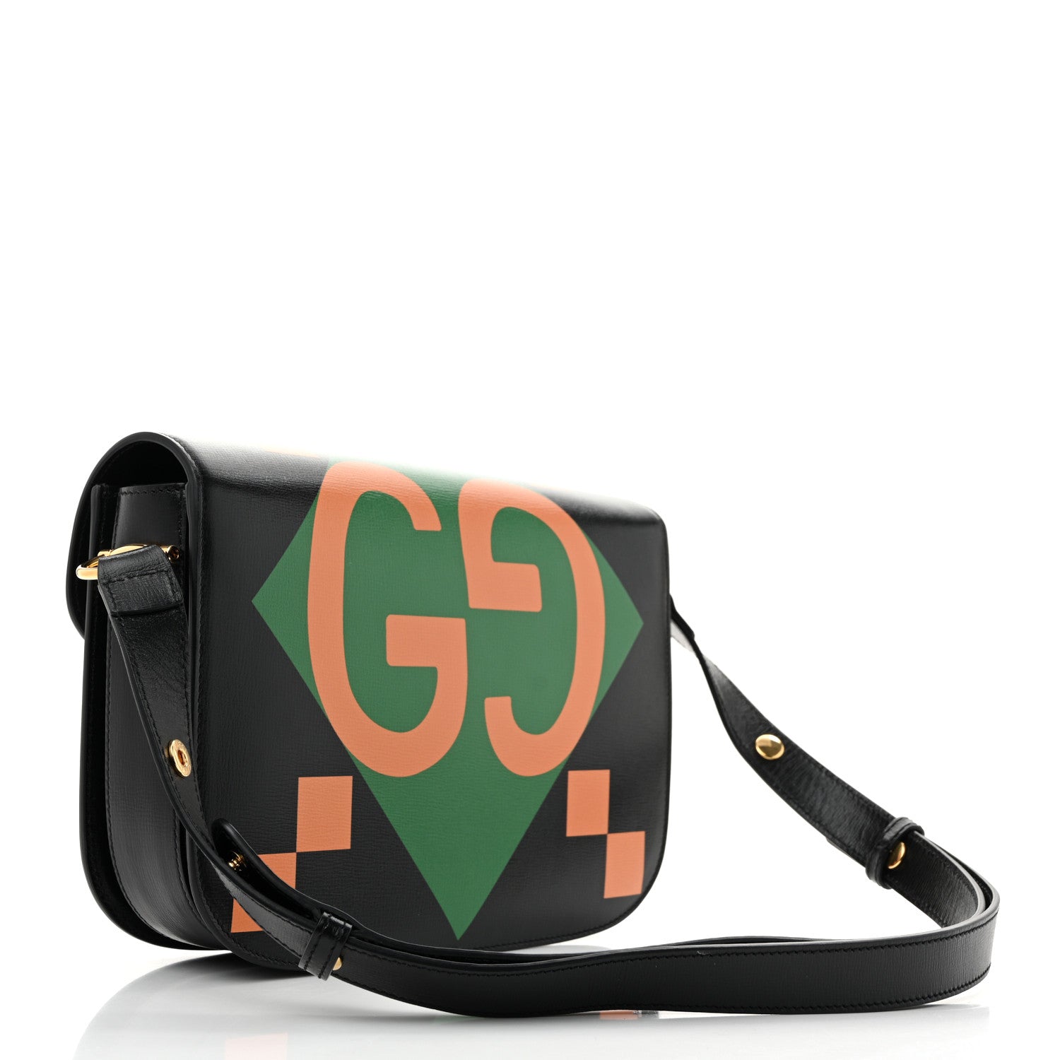 Gucci Textured Calfskin Geometric Print Horsebit 1955 Shoulder Bag Black Multicolor 2 of 12