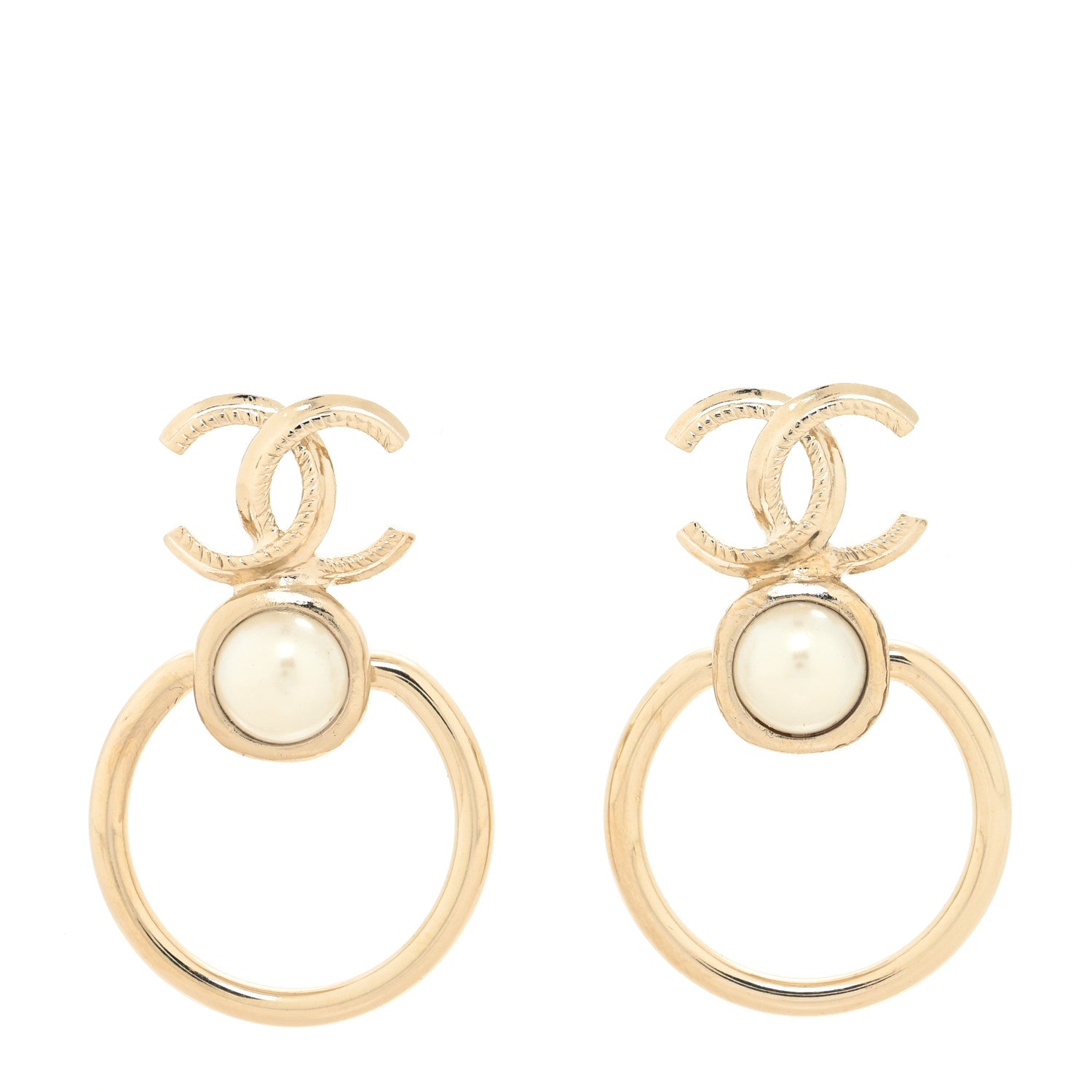 Chanel Metal Pearl CC Hoop Drop Earrings Gold 1 of 4