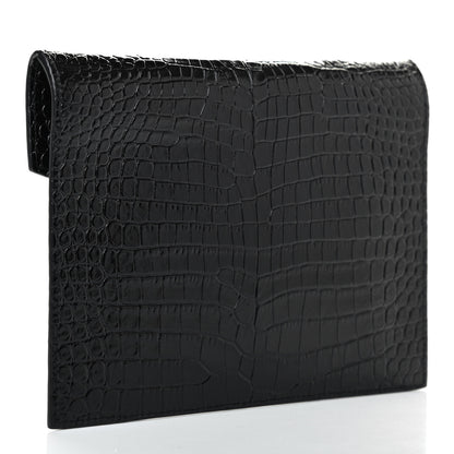 Saint Laurent Calfskin Crocodile Embossed Monogram Uptown Baby Pouch Black 3 of 7