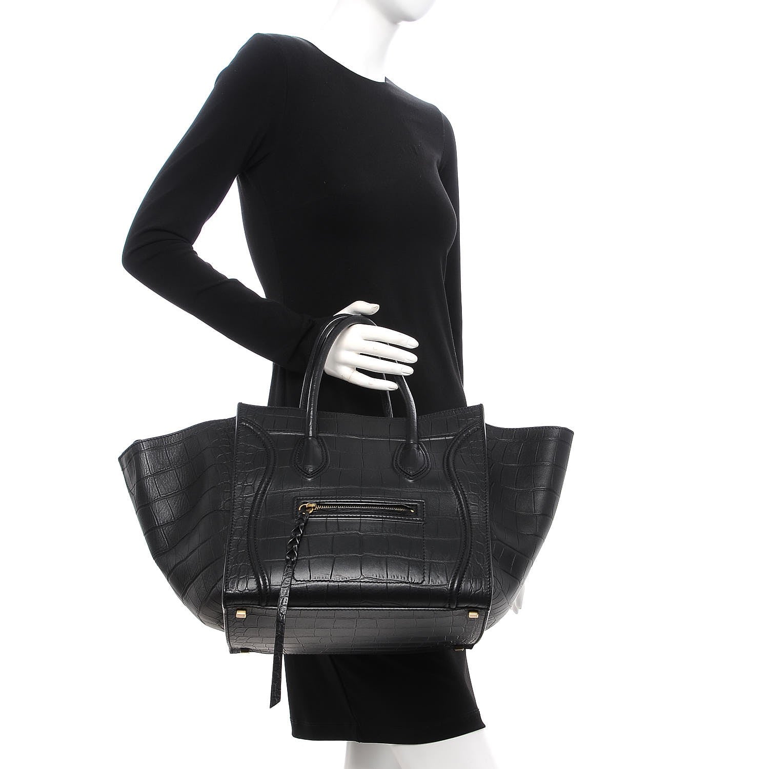 Celine Crocodile Embossed Calfskin Medium Phantom Luggage Black 2 of 10