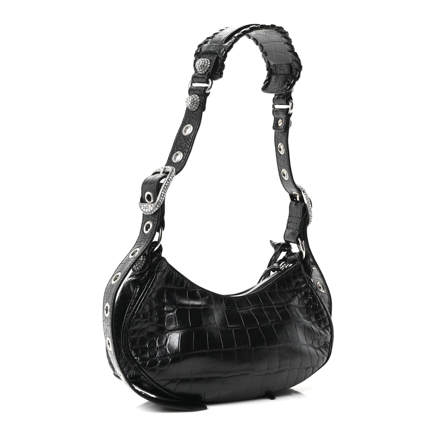 Extra Supple Calfskin Crystal Crocodile Embossed Le Cagole Shoulder Bag XS Black