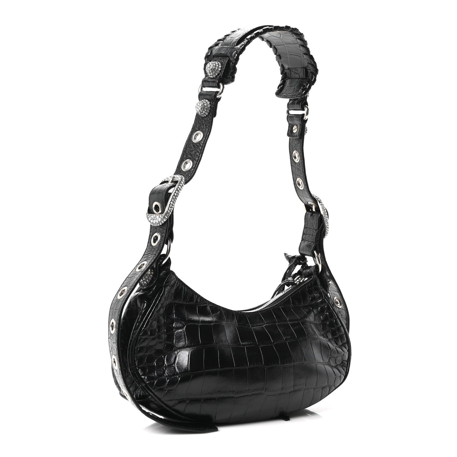 Balenciaga Extra Supple Calfskin Crystal Crocodile Embossed Le Cagole Shoulder Bag XS Black 4 of 11