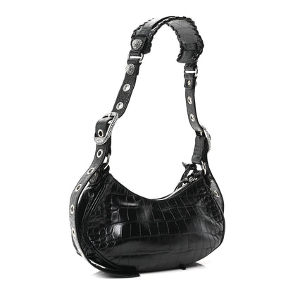 Balenciaga Extra Supple Calfskin Crystal Crocodile Embossed Le Cagole Shoulder Bag XS Black 4 of 11