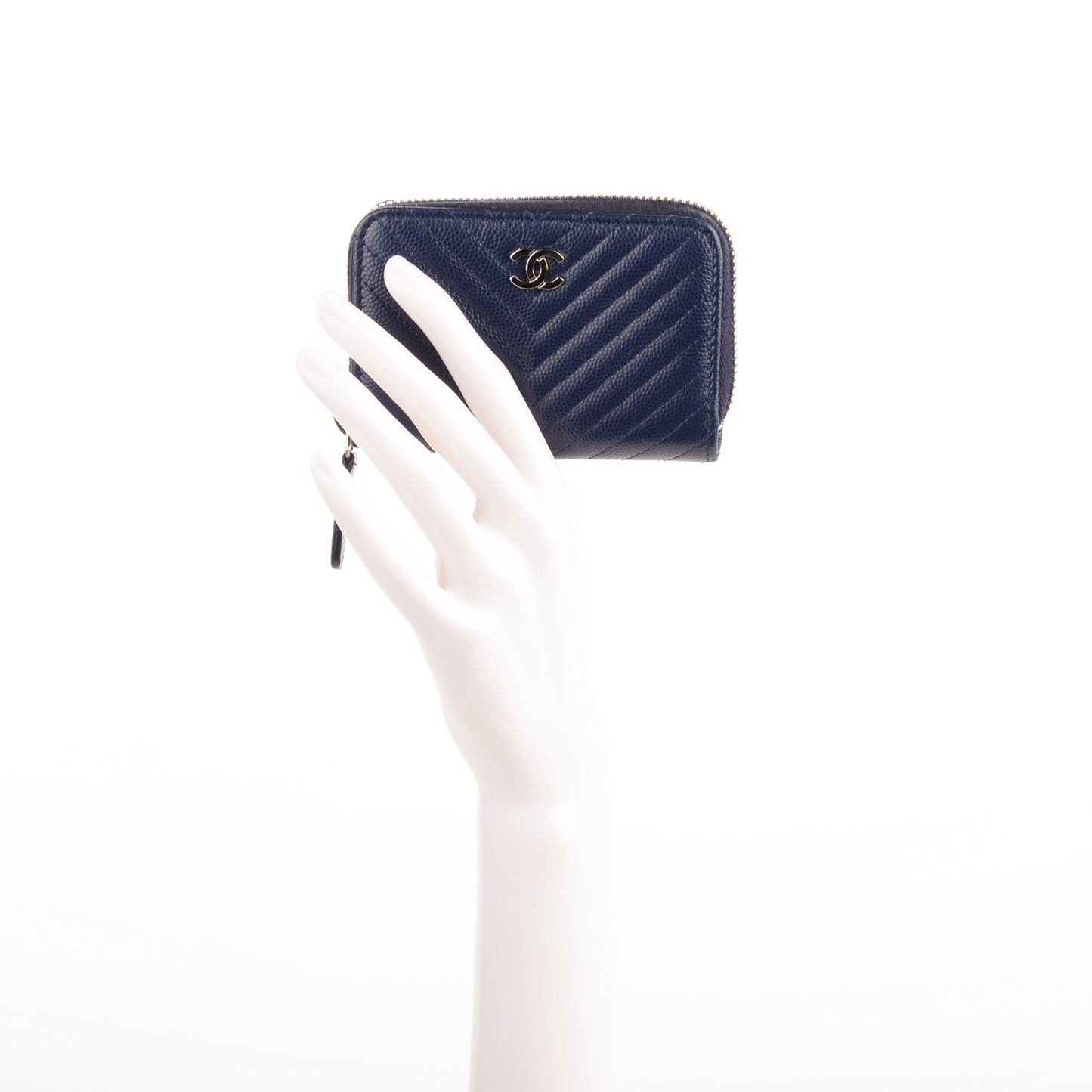 Caviar Chevron Quilted Zip Around Coin Purse Navy Blue