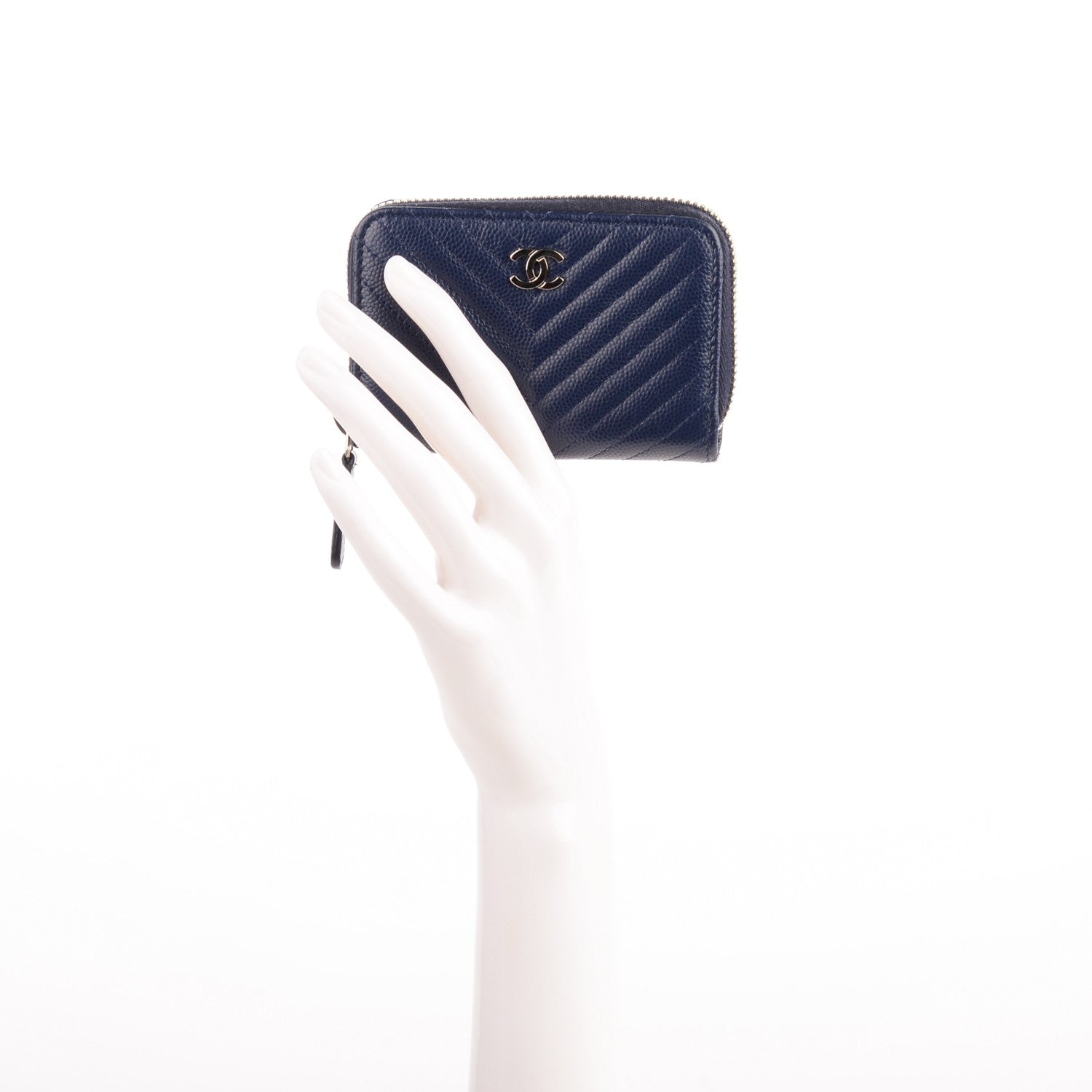 Chanel Caviar Chevron Quilted Zip Around Coin Purse Navy Blue 2 of 7
