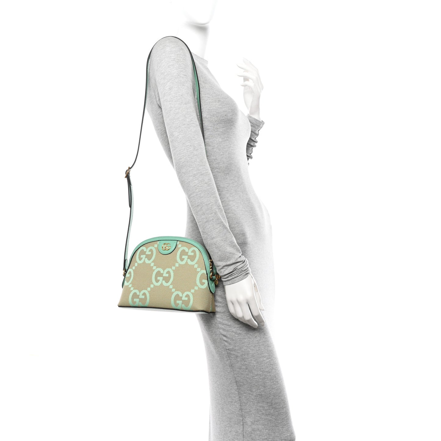 Monogram Jumbo GG Textured Dollar Calfskin Small Ophidia Dome Shoulder Bag Beige Pepperlight Mint