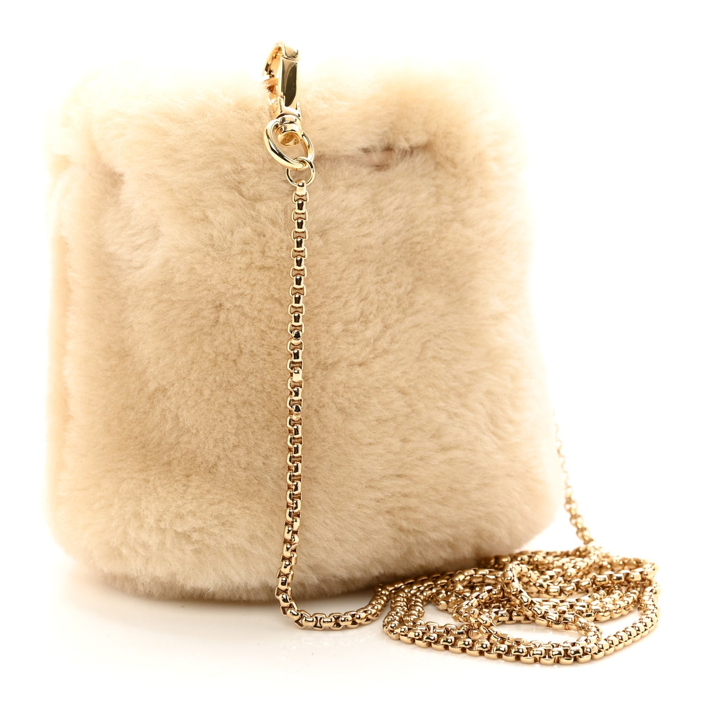 Shearling Metal Triangle Logo Mini Drawcord Pouch Shoulder Bag Ecru