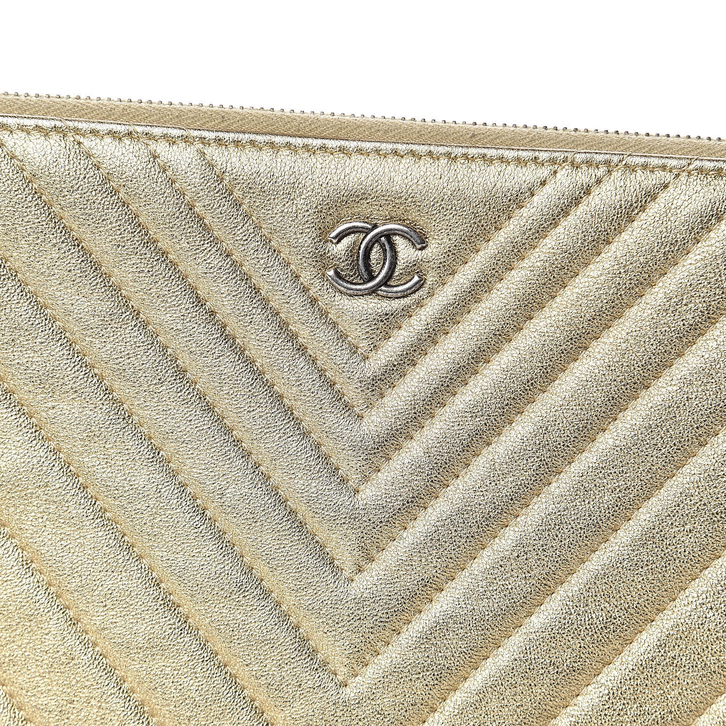 Metallic Calfskin Chevron Quilted Large Cosmetic Case Light Gold