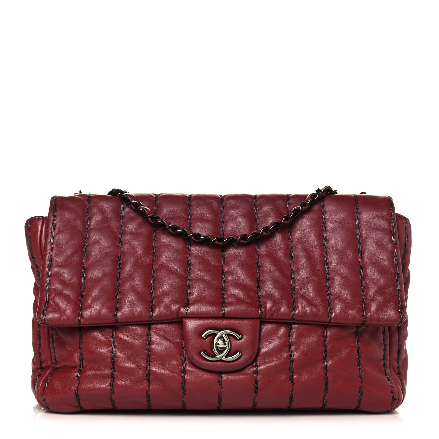 Lambskin Vertical Stitch Jumbo Single Flap Dark Red