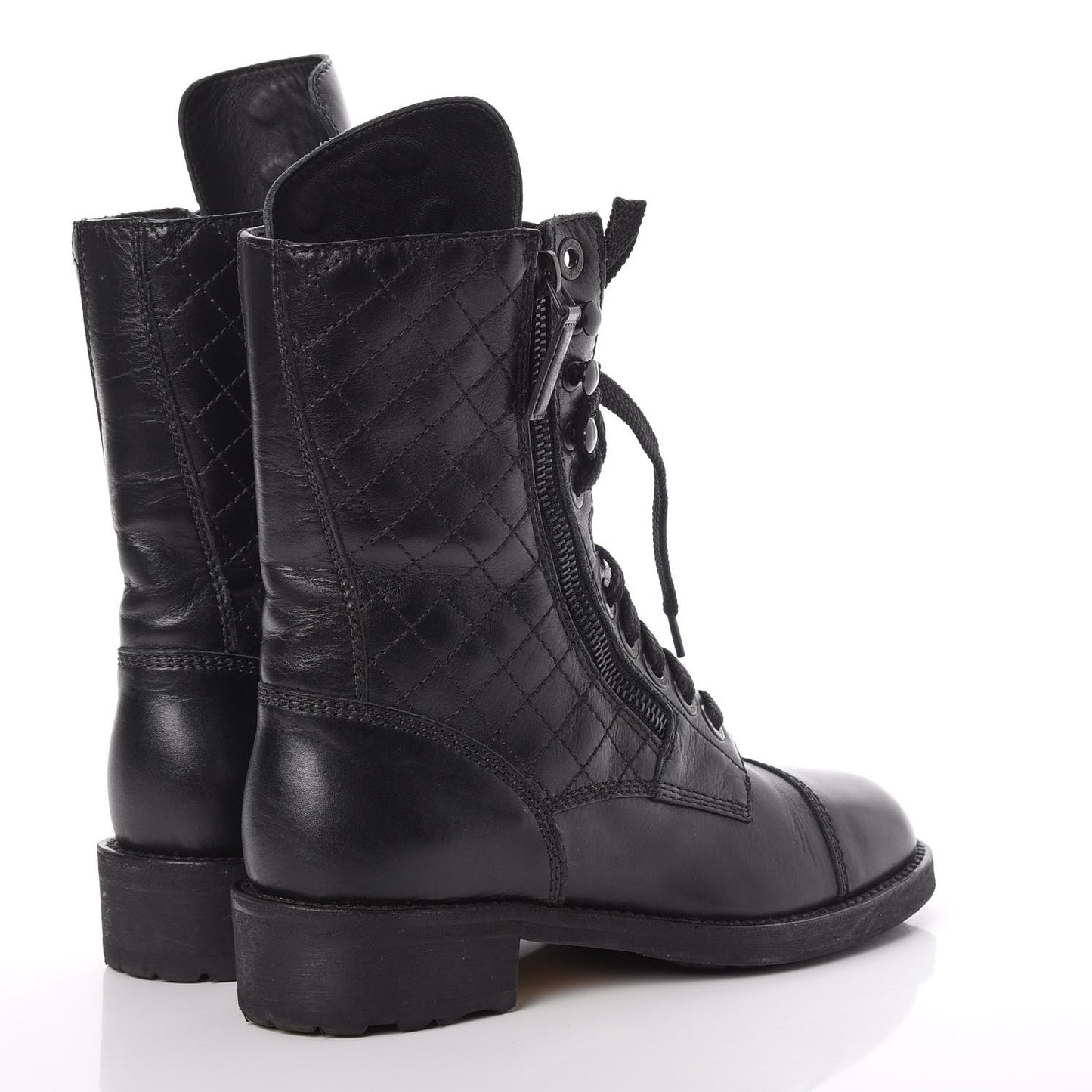 Calfskin Quilted Cap Toe Combat Boots 36 Black