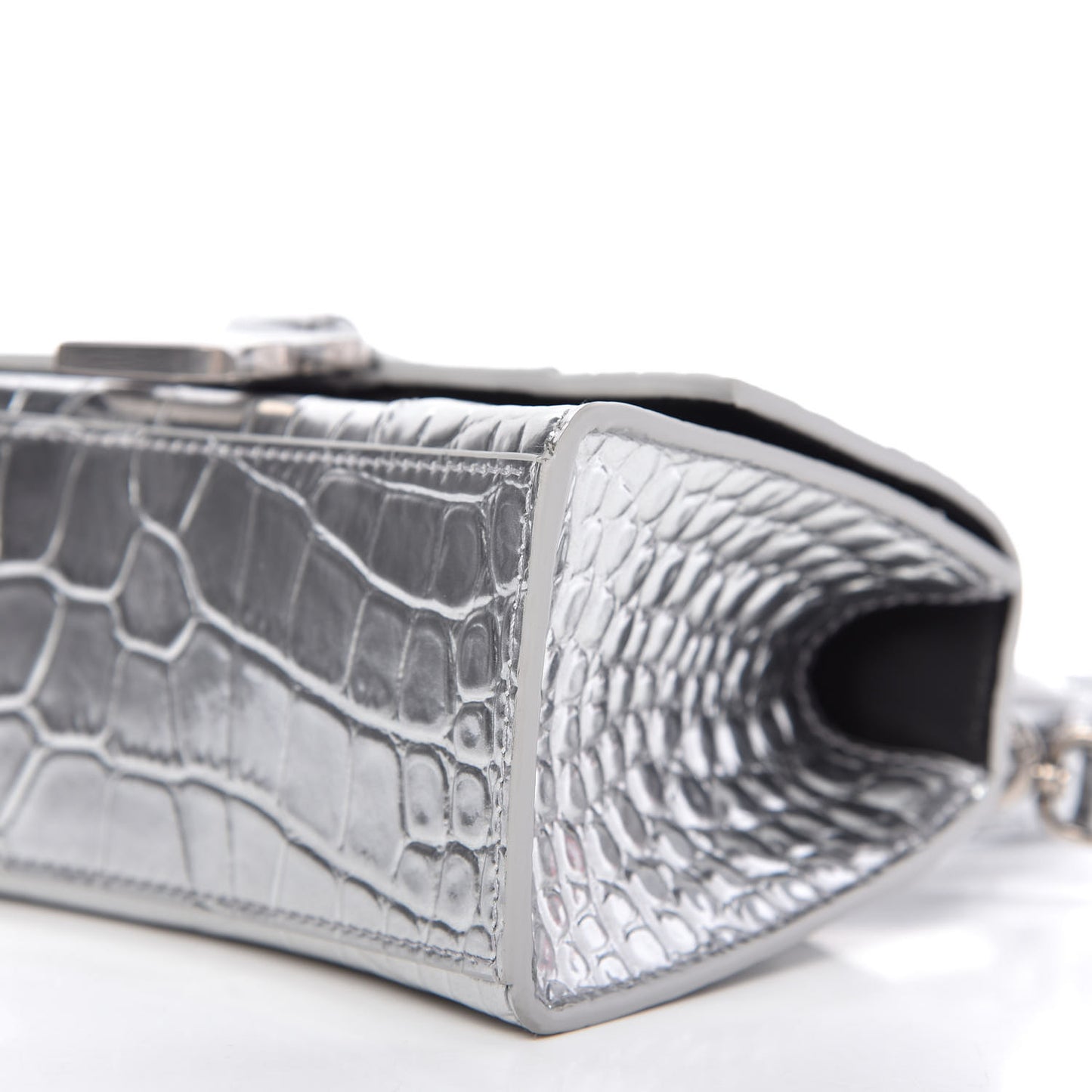Metallic Calfskin Crocodile Embossed Hourglass Top Handle Bag XS Silver