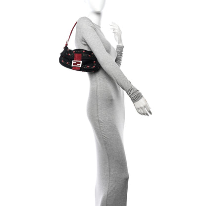 Fendi Neoprene Lizard Beaded Crystal Baguette Black Red 2 of 17