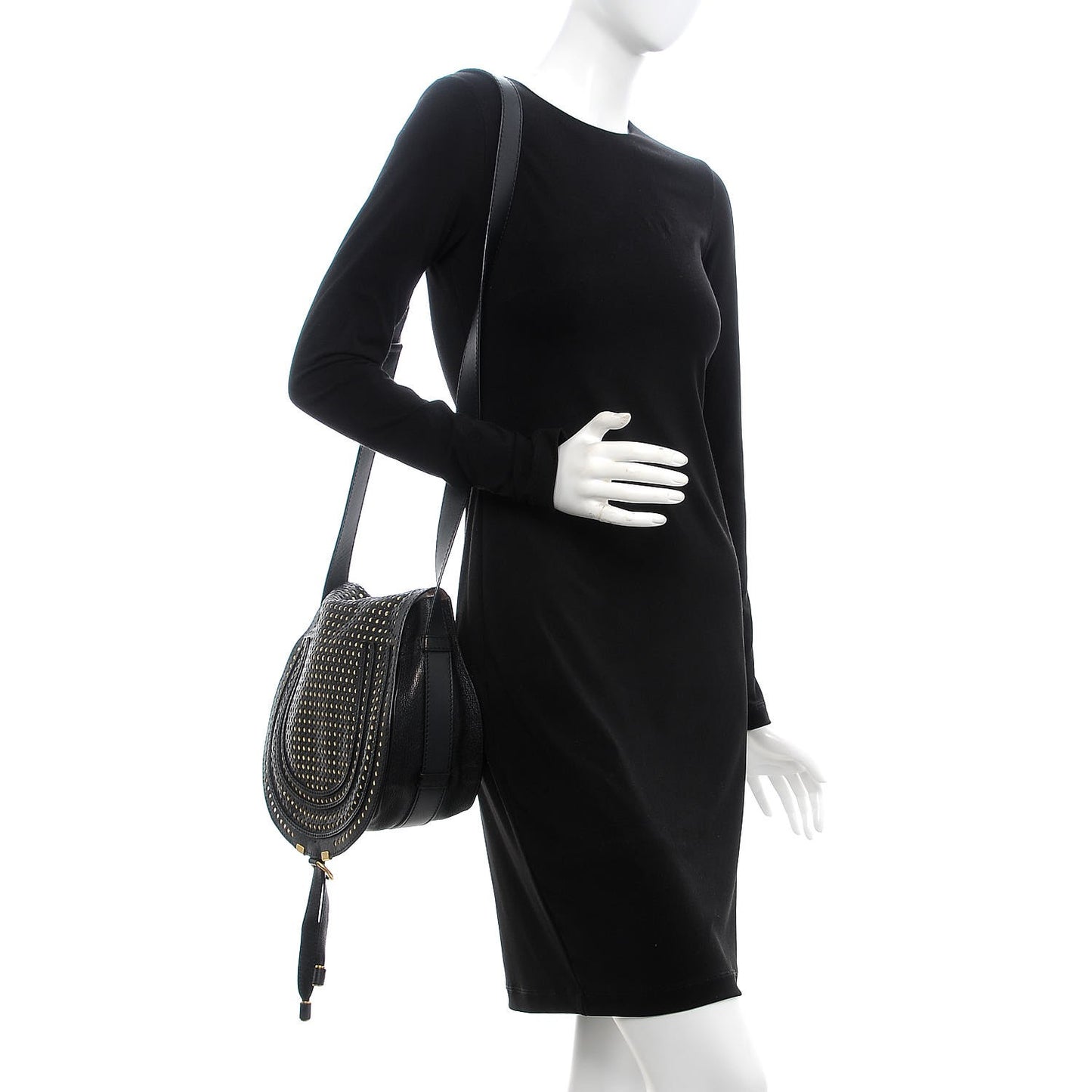 Calfskin Perforated Medium Marcie Round Crossbody Bag Black