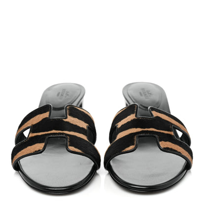 Hermes Moire Goatskin Oasis Sandals 37 Black Beige 2 of 9