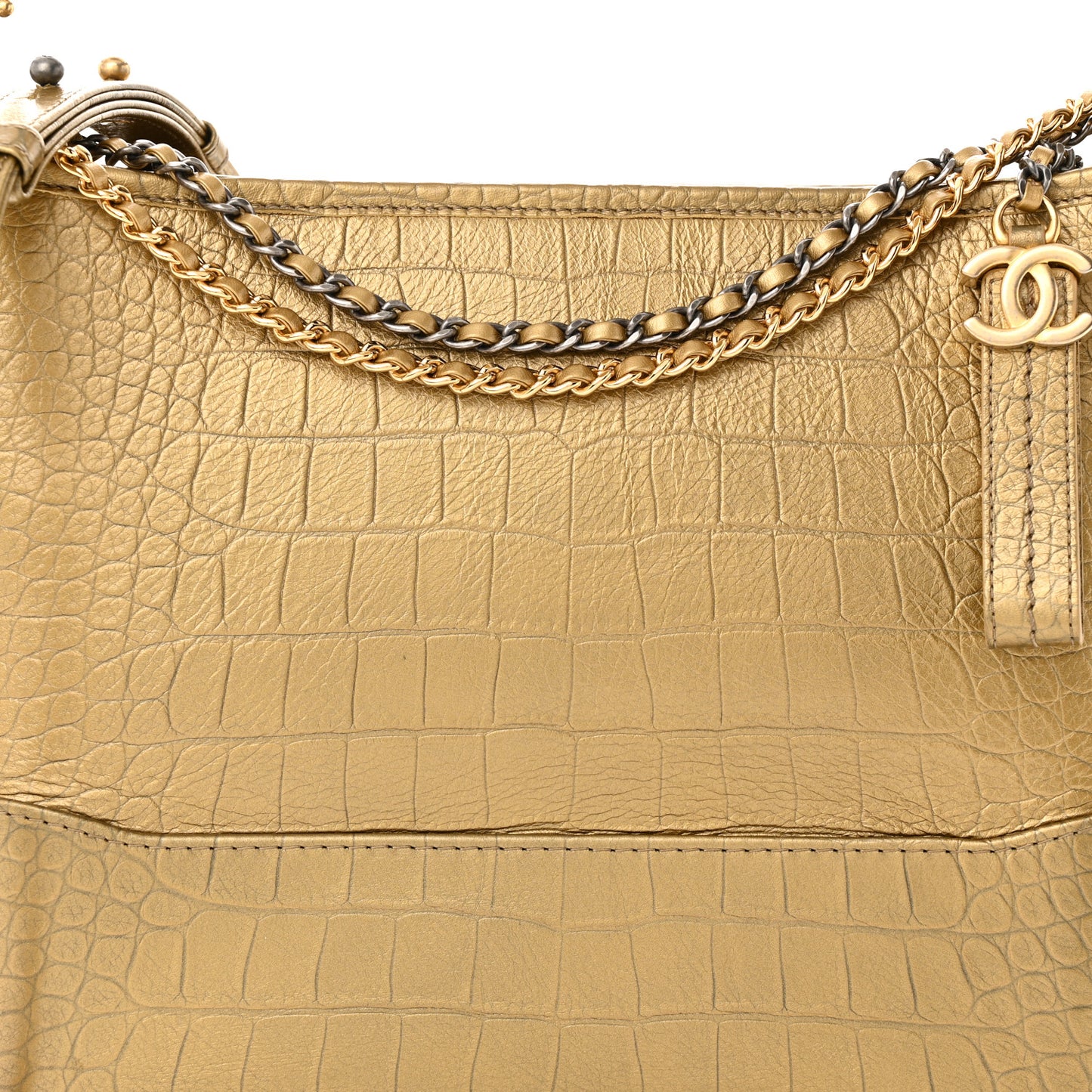 Metallic Calfskin Crocodile Embossed Medium Gabrielle Cocodile Hobo Gold