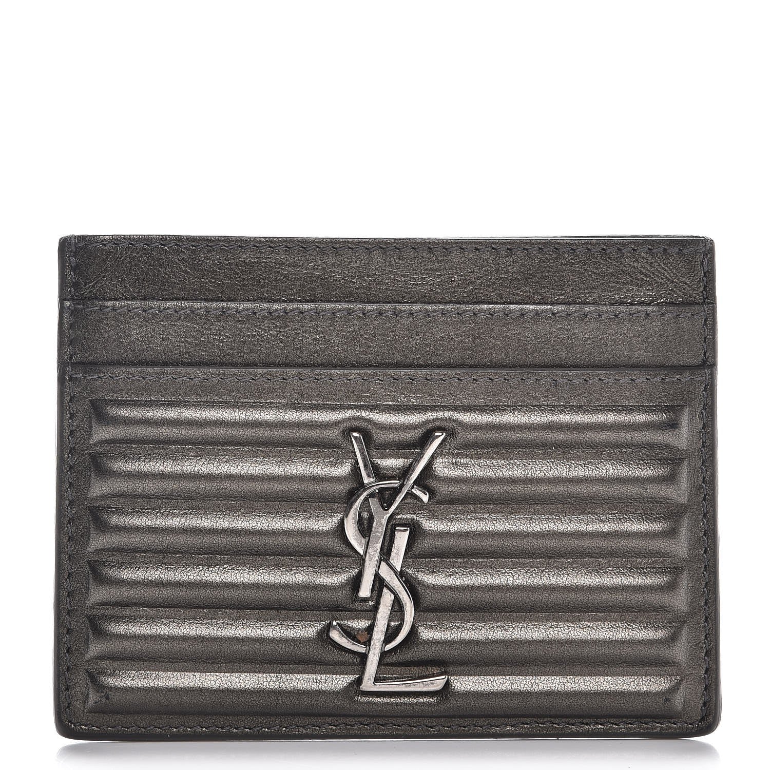 Saint Laurent Metallic Ribbed Calfskin Opium Monogram Credit Card Case Graphite 1 of 7