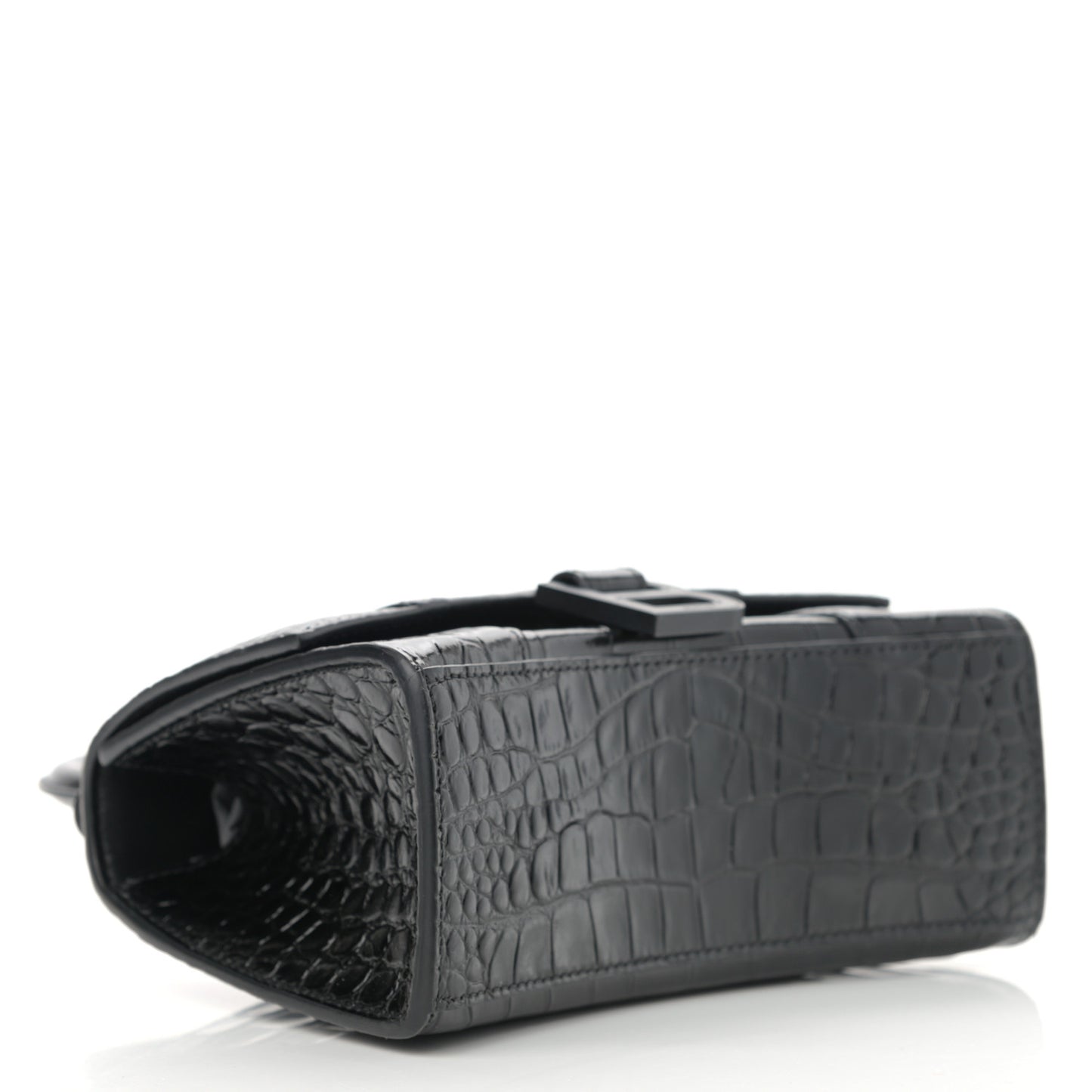 Shiny Calfskin Monochrome Crocodile Embossed Hourglass Top Handle Bag XS Black