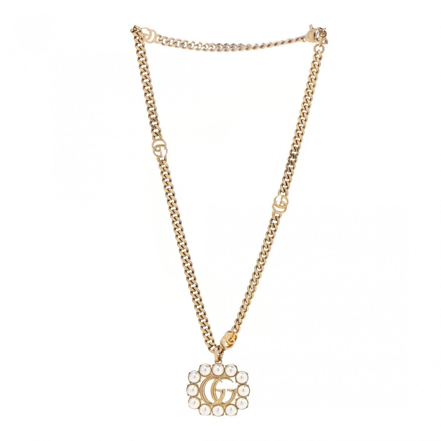Gucci Pearl Embellished Double G Necklace Aged Gold 3 of 6