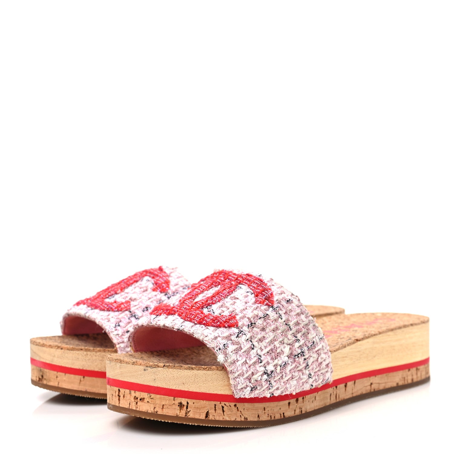 Chanel Tweed Lambskin Logo Mules 38 Pink Red 3 of 9