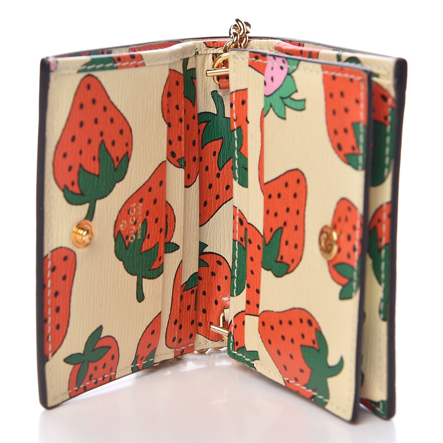 Calfskin Strawberry Print Zumi Chain Card Case Wallet Ivory Red