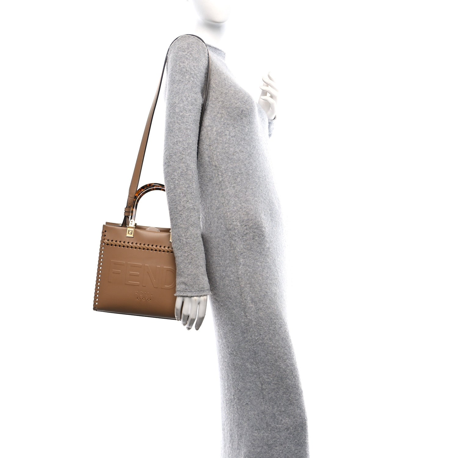 Fendi Vitello King Ceylon Plexiglass Woven Logo Debossed Small Fendi Sunshine Shopper Tote Miele Scuro 2 of 10