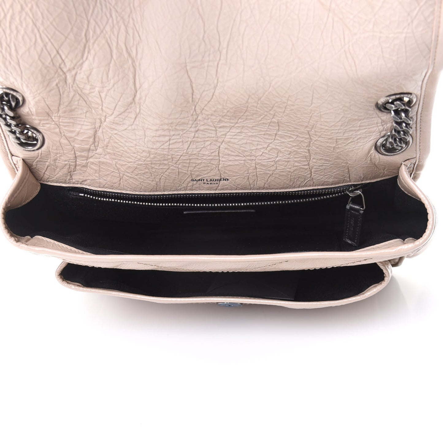 Crinkled Calfskin Matelasse Monogram Medium Niki Chain Satchel Light Taupe