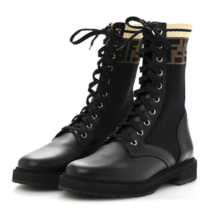 Fendi Calfskin Stretch Fabric Rockoko Biker Boots 37.5 Tobacco Black Marino 4 of 10